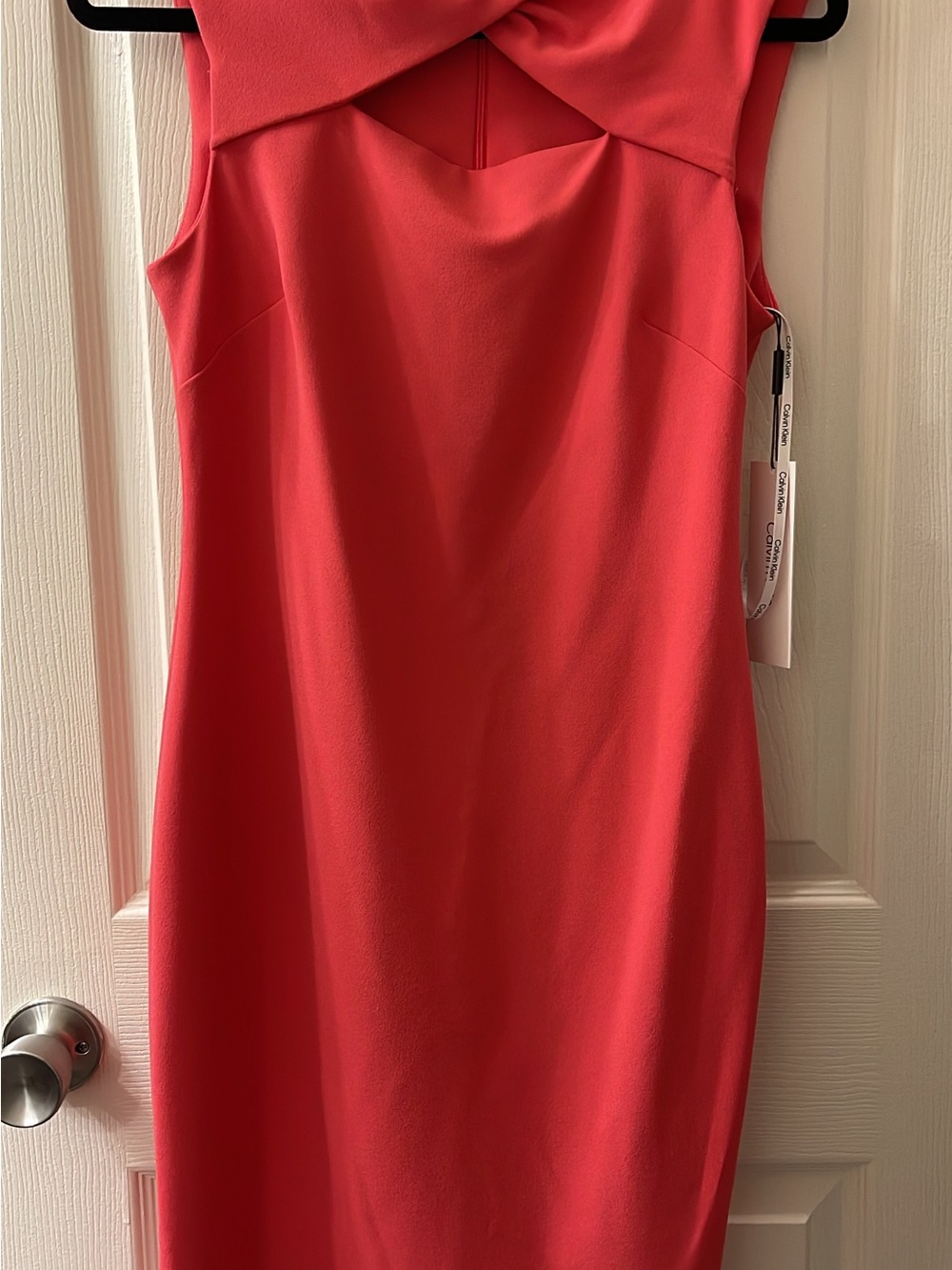 Calvin Klein Coral Midi Sheath Dress with Twist Neckline